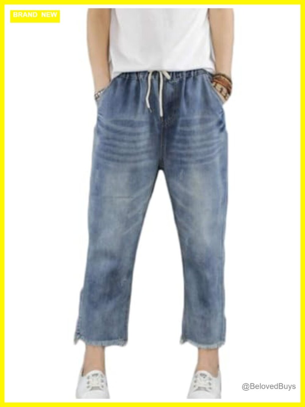 Lavnis Women's Cropped Jeans Cotton Loose Denim Pants Elastic Waist Ripped Jean
